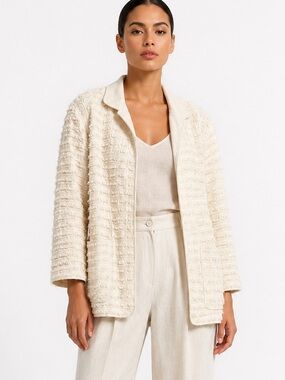 Lafayette 148 Textured Linen Cotton Blazer Jacket Cream Ivory Open Front XL